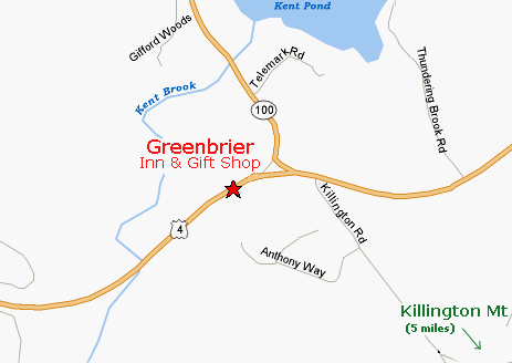 Detail map of Killington Vermont and The Greenbrier Inn and Gift Shop